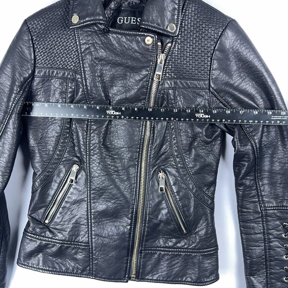 GUESS Leather Moto Biker Jacket Womens Size X Small Lace Up Sleeves Black - Picture 9 of 15